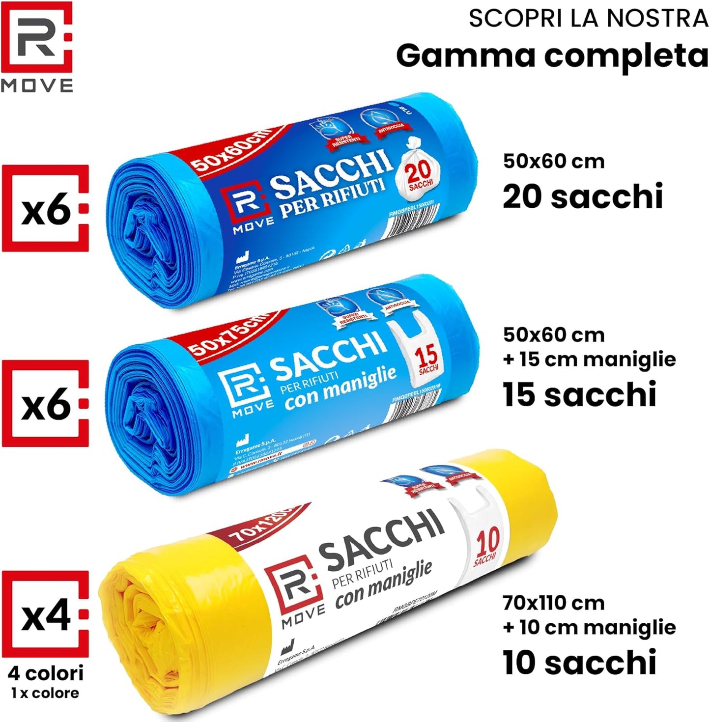 RMOVE 120 Sacchi Spazzatura 50x60 Rotoli Sacchetti Blu Indifferenziata Rifiuti Senza Manico