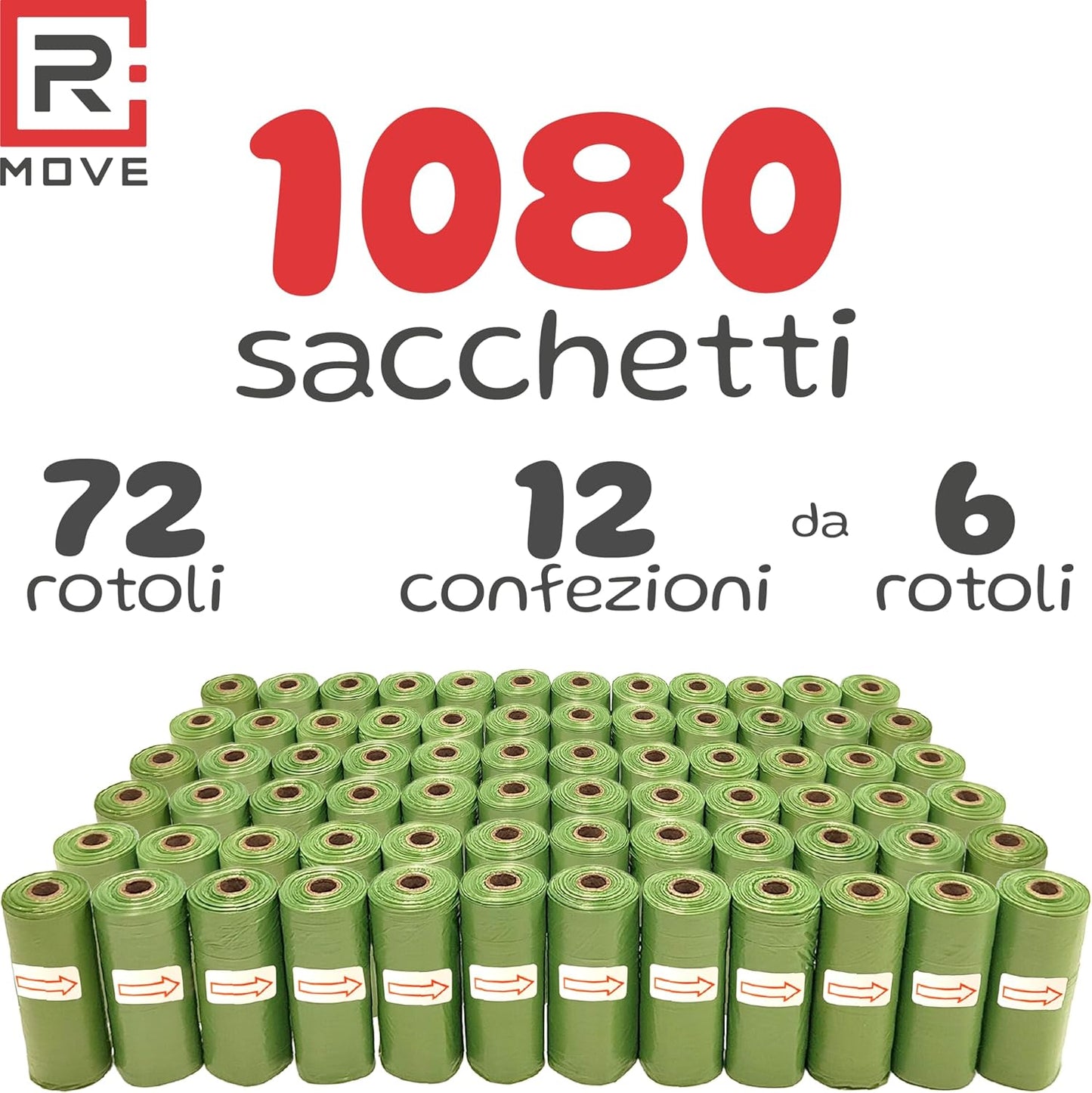 R MOVE Sacchetti Cane Cacca 1080 pz (72 Rotoli)  - Sacchettini Igienici Per Cani - Buste 30x23 Resistenti Dog