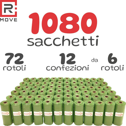 R MOVE Sacchetti Cane Cacca 1080 pz (72 Rotoli)  - Sacchettini Igienici Per Cani - Buste 30x23 Resistenti Dog