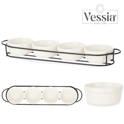 Set 4 Pezzi Antipastiera Porcellana Con Supporto Vassoio Aperitivo Ciotole Salse