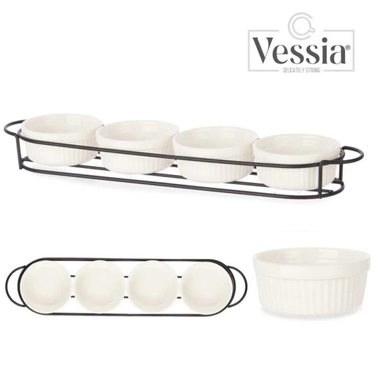 Set 4 Pezzi Antipastiera Porcellana Con Supporto Vassoio Aperitivo Ciotole Salse