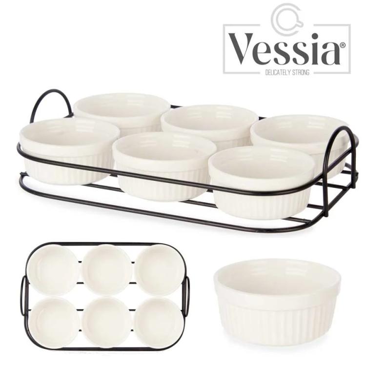 Set 6 Pezzi Antipastiera Porcellana Con Supporto Vassoio Aperitivo Ciotole Salse