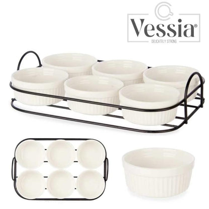 Set 6 Pezzi Antipastiera Porcellana Con Supporto Vassoio Aperitivo Ciotole Salse
