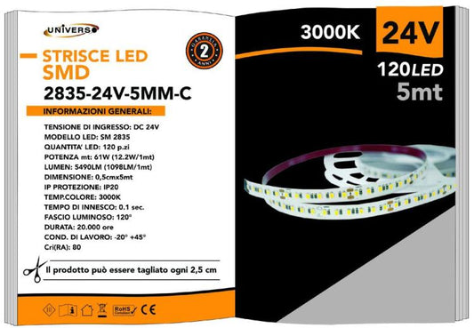 Strip 5M Striscia 600 Led 2835 61W 24V Bobina 5 Mt Biadesiva | Luce Calda 3000K