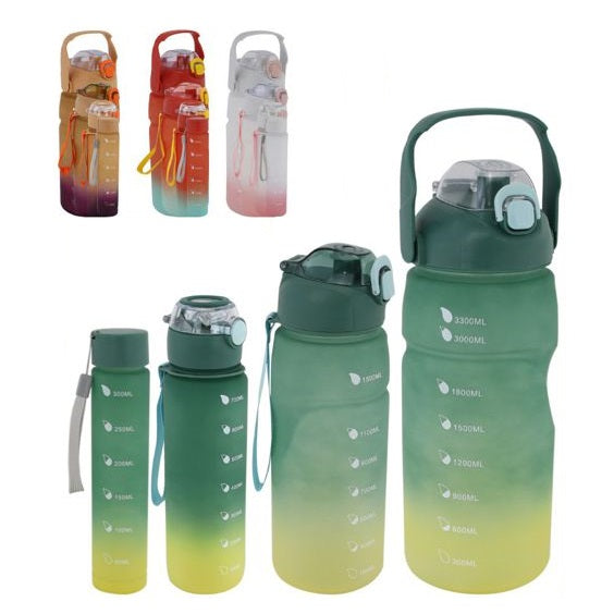 Set 4 Borraccia Sportiva Graduata Motivazionale 3.3L /1.5L/ 0.8L/0.28L con Cannuccia, Set di 4 Bottiglie per Acqua e Bevande, Grande Capacità, senza BPA, Portatile, per Campeggio, Fitness, Sport, Calcio, Pallavolo, Viaggio, Ufficio