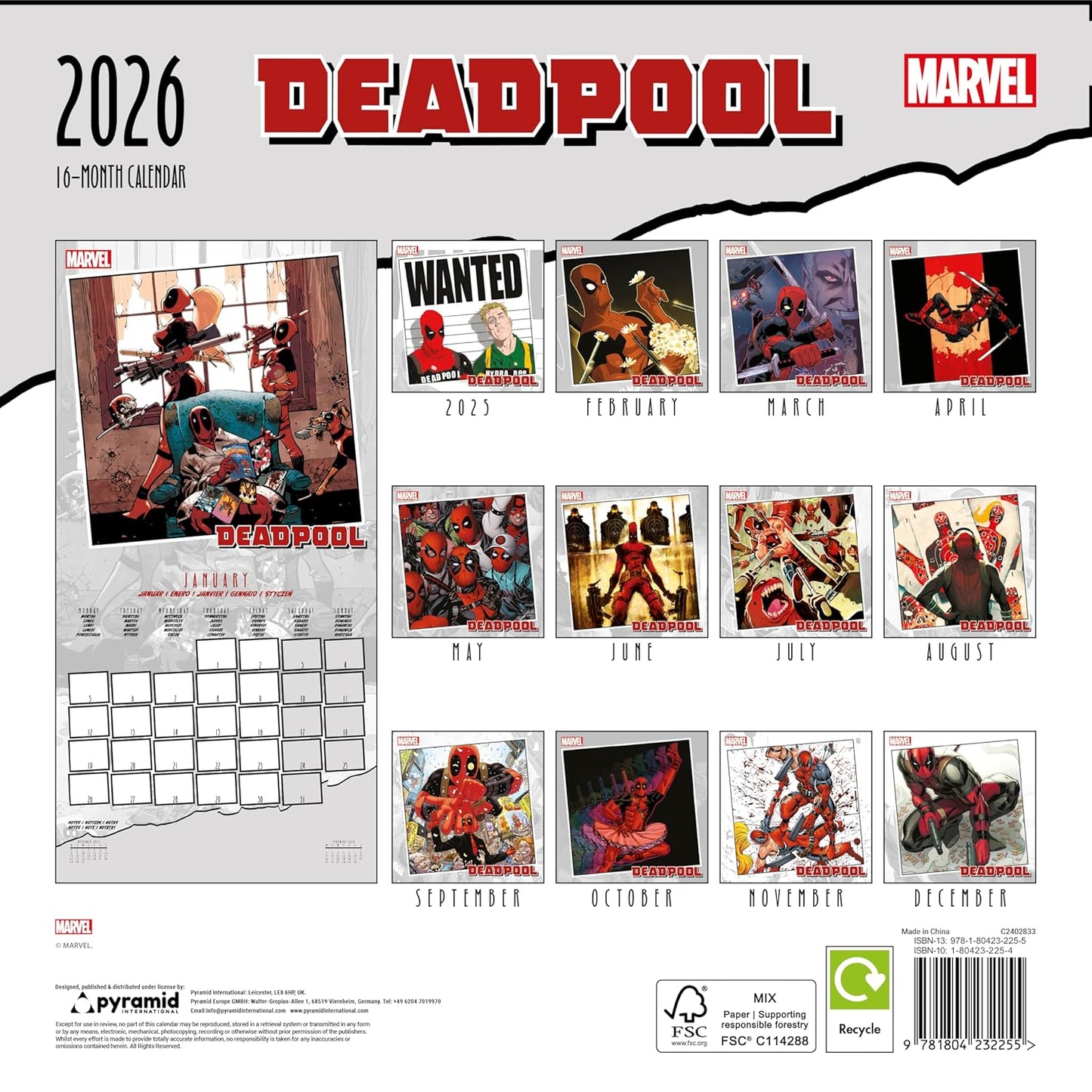 Calendario 2026 (Marvel Deadpool) da Muro/Parete 30X30 con Gadget + Poster da Parete in Regalo - Licenza ufficiale