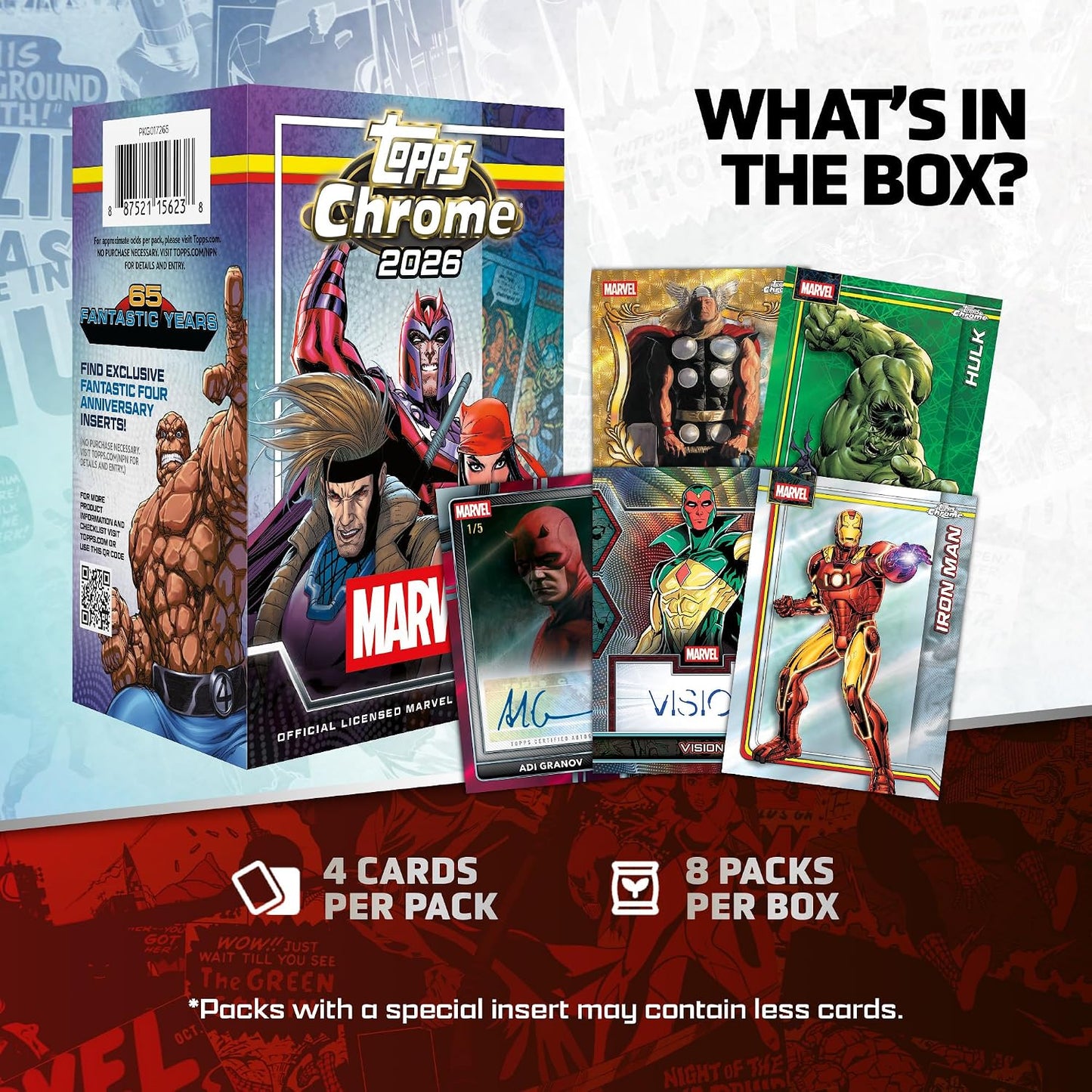 Topps Chrome 2026 Marvel Comics - Value Box - Card Collezionabili 32 Carte Ufficiali - 8 Buste TCG