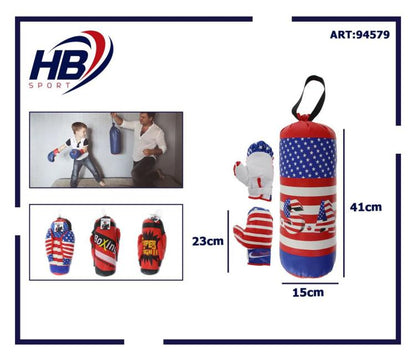 Kit Guantoni + Sacco Da Boxe 41Cm Per Bambino Gioco Allenamento Pugile Kick Box