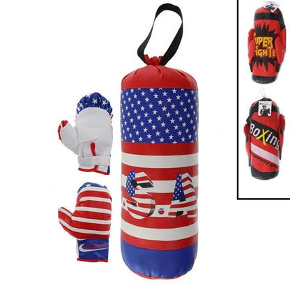 Kit Guantoni + Sacco Da Boxe 41Cm Per Bambino Gioco Allenamento Pugile Kick Box