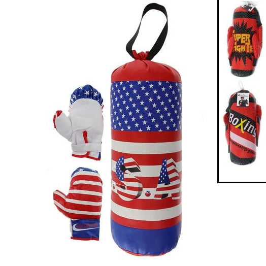Kit Guantoni + Sacco Da Boxe 41Cm Per Bambino Gioco Allenamento Pugile Kick Box