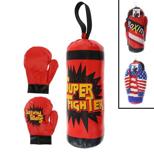 Kit Guantoni + Sacco Da Boxe 32Cm Per Bambino Gioco Allenamento Pugile Kick Box