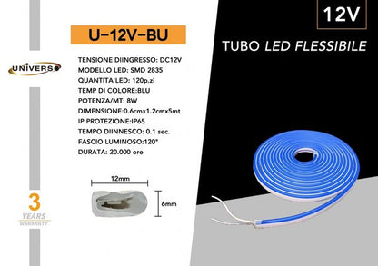 Kit 5M Striscia Strip Flex Led Bobina Neon Flessibile Tubo Esterno Blu