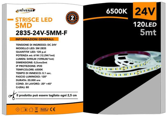 Strip 5M Striscia 600 Led 2835 61W 24V Bobina 5 Mt Biadesiva | Luce Fredda 6500K