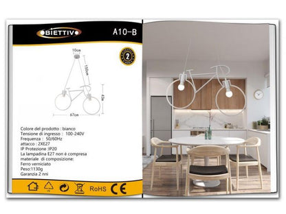 Lampadario A Sospensione A Forma Di Bicicletta In Metallo Bianco 2 Attacchi E27