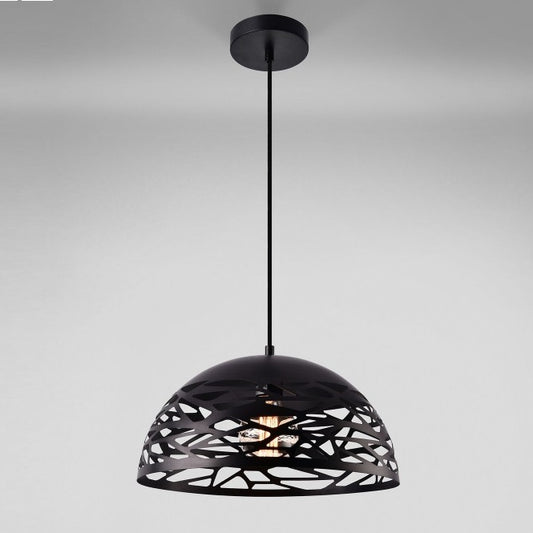 Lampadario Moderno A Sospensione Paralume Traforato Intrecciato Ferro E27 Nero