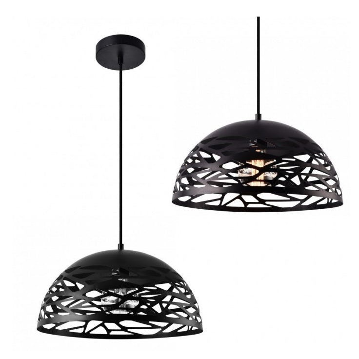 Lampadario Moderno A Sospensione Paralume Traforato Intrecciato Ferro E27 Nero
