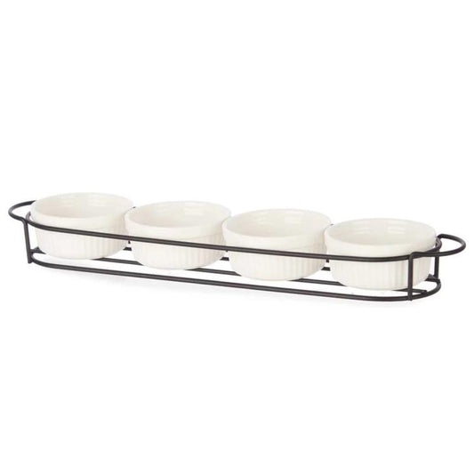 Set 4 Pezzi Antipastiera Porcellana Con Supporto Vassoio Aperitivo Ciotole Salse
