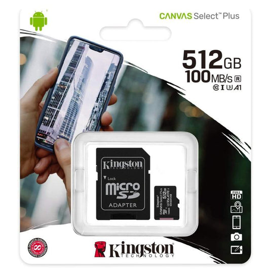Kingston Micro Sd 512Gb + Adattatore Canvas Plus Sdcs2 32Gb Classe 10 100Mb/S