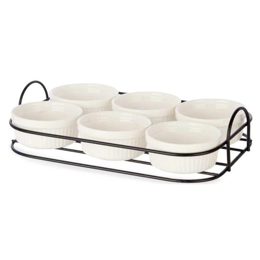 Set 6 Pezzi Antipastiera Porcellana Con Supporto Vassoio Aperitivo Ciotole Salse