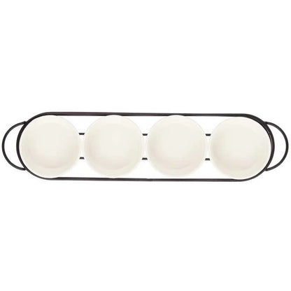 Set 4 Pezzi Antipastiera Porcellana Con Supporto Vassoio Aperitivo Ciotole Salse
