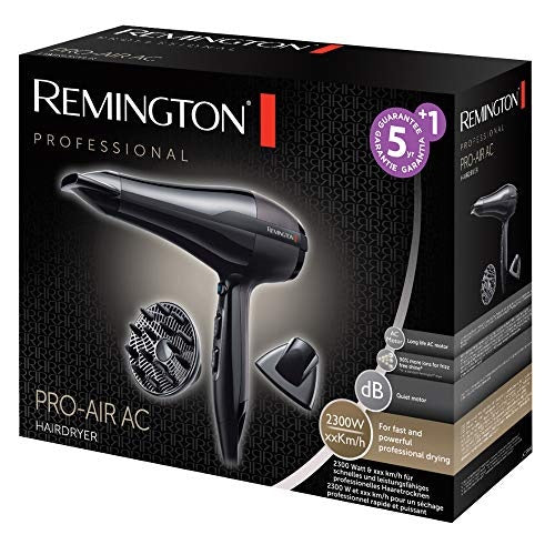 Remington AC5999 Asciugacapelli Professionale agli Ioni, motore di lunga durata 2300W, 3 livelli di riscaldamento, due ugelli per lo styling Phon per Capelli Lisci e Ricci + diffusore, Pro Air Black