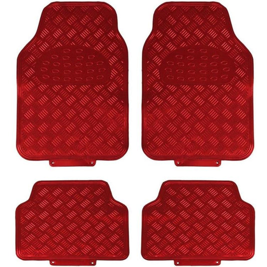 Set 4 Tappetini Tappeti Per Auto Universali Gomma Effetto Metallo Cromato -Rosso