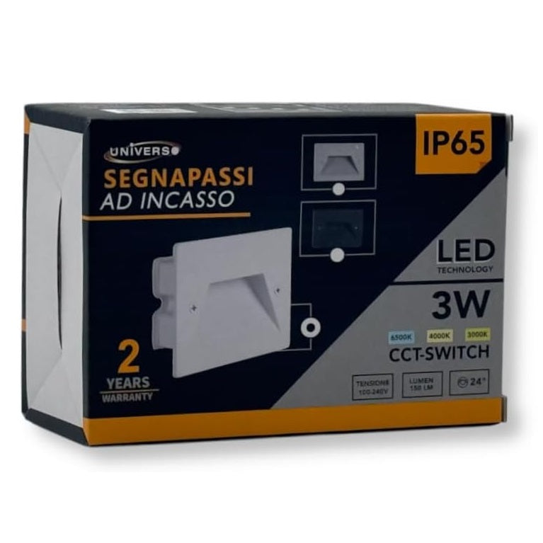 Universo Es49-G3c Punto Luce Segnapasso Rettangolare Led ad Incasso Cambia Colore CCT 3in1 da 3w 24° Da Esterno Ip65 Scatola 503 per Scale Giardino - Bianco