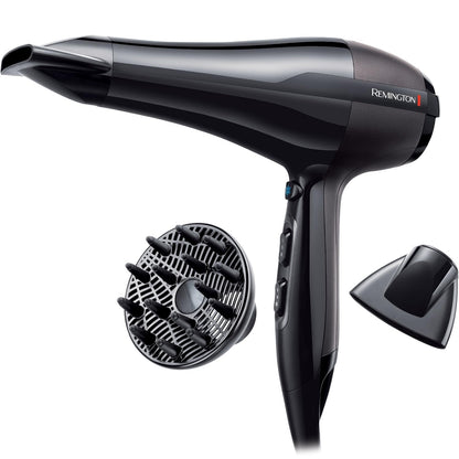 Remington AC5999 Asciugacapelli Professionale agli Ioni, motore di lunga durata 2300W, 3 livelli di riscaldamento, due ugelli per lo styling Phon per Capelli Lisci e Ricci + diffusore, Pro Air Black