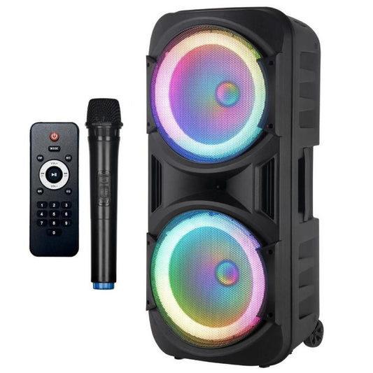 CASSA PORTATILE RICARICABILE TROLLEY AMPLIFICATA BLUETOOTH USB MICROFONO KARAOKE