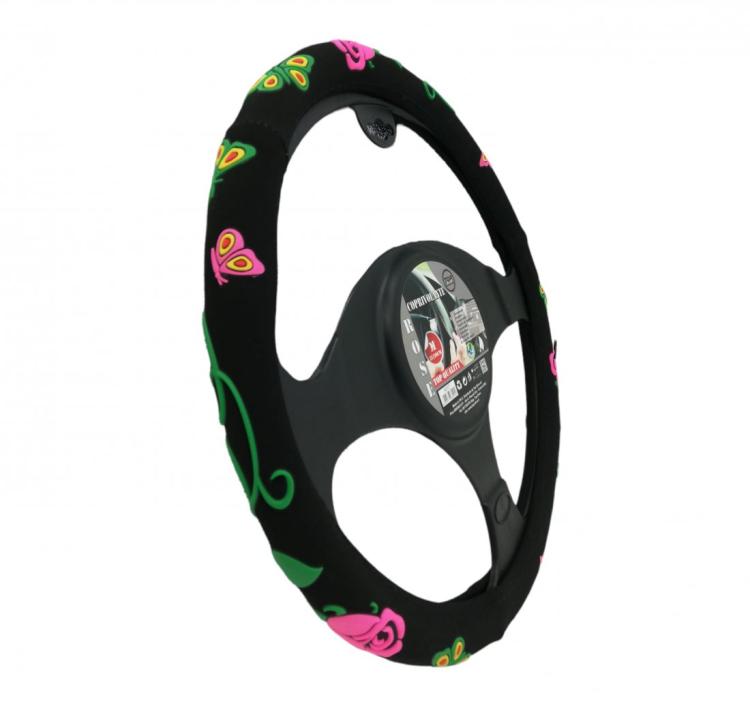COPRIVOLANTE NERO CON ROSE AUTO UNIVERSALE FODERA VOLANTE STERZO TUNING 37-39