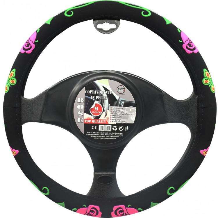 COPRIVOLANTE NERO CON ROSE AUTO UNIVERSALE FODERA VOLANTE STERZO TUNING 37-39