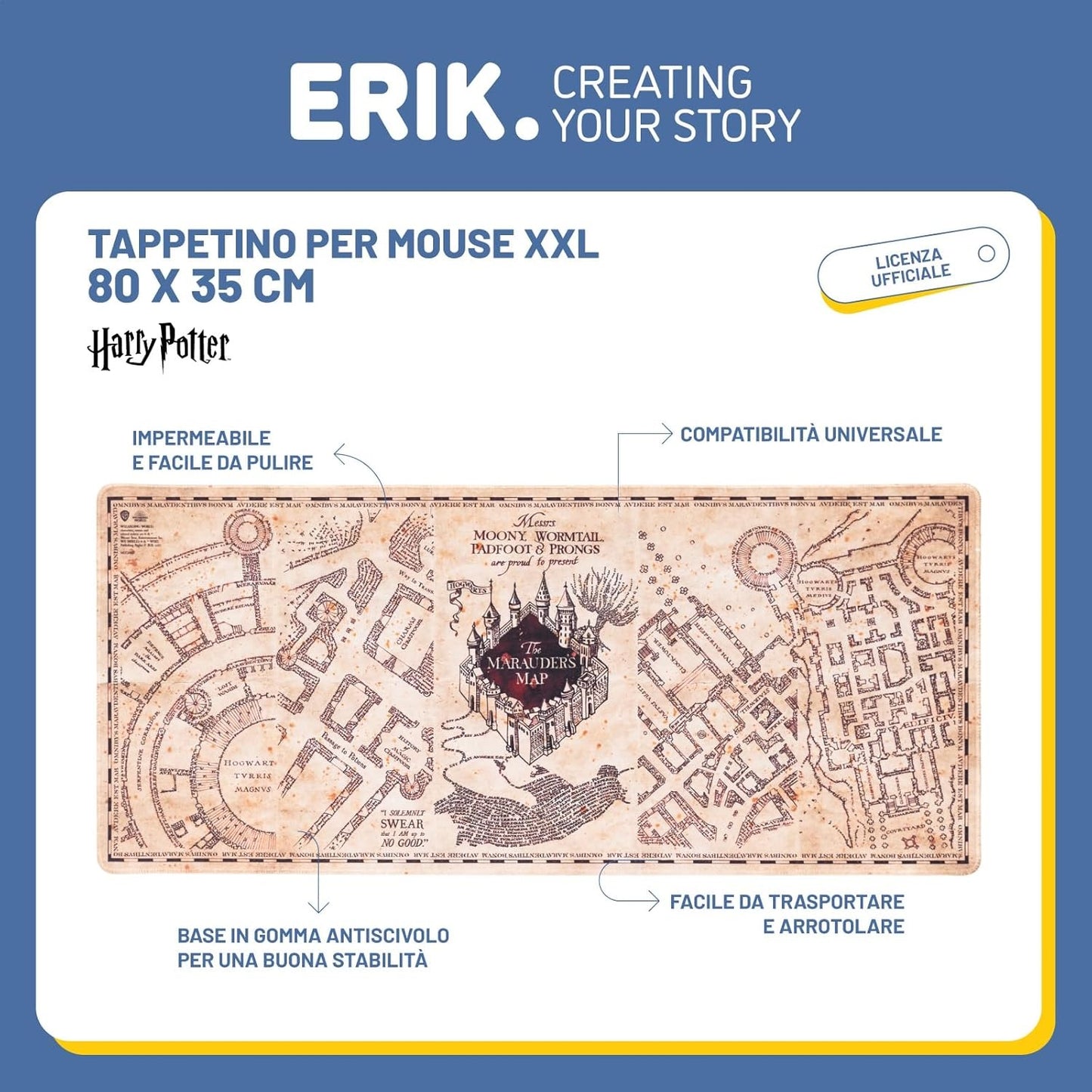 Harry Potter “Mappa del malandrino” Tappetino per Tastiera e Mouse Xxl per Scrivania Impermeabile e Antiscivolo 80x35cm | Mousepad, Accessori Gaming