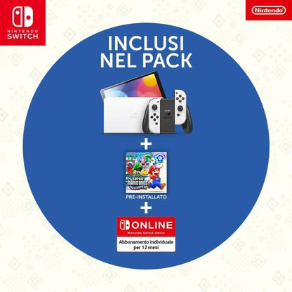 Nintendo Switch Oled White Console Bianca +Super Mario Wonder + 12 Mesi Abbonam.