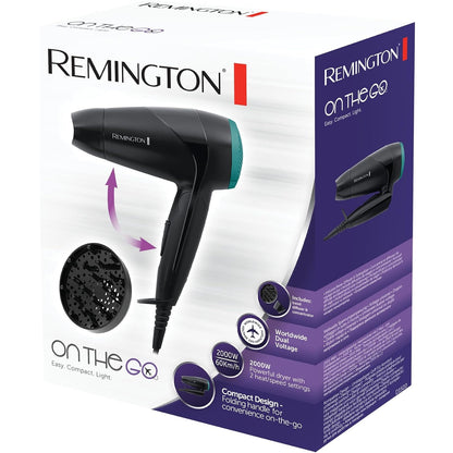 Remington Asciugacapelli 2000W - Pieghevole e Potente - Phon da Viaggio, Bacchetta e Diffusore per styling, 2 livelli di riscaldamento e ventola, On The Go D1500