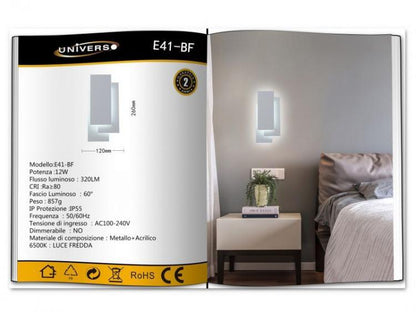 APPLIQUE LED LUCE BIANCA VETRO DA PARETE 12W LAMPADA MODERNO BIANCO FREDDOE41-BF
