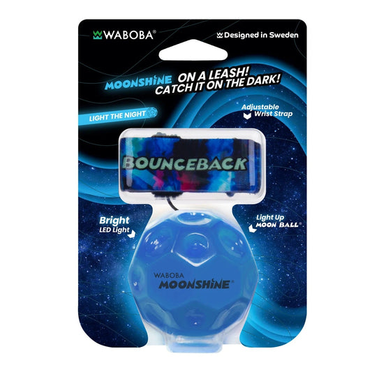 Waboba Pallina Original LED Bounceback Ball (MOONSHINE) Palla con Luce LED al guinzaglio, Super Rimbalzo, per Interni ed Esterni IPER RIMBALZANTE, Giocattolo per saltare ad alte prestazioni per un'estate di divertimento senza fine (BLU)