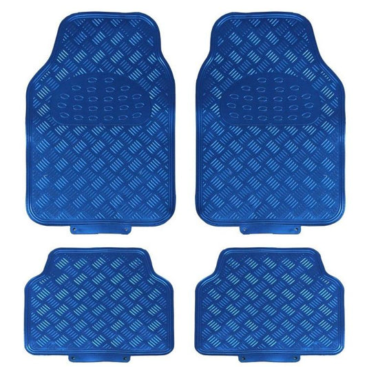 Set 4 Tappetini Tappeti Per Auto Universali Gomma Effetto Metallo Cromato (Blu)