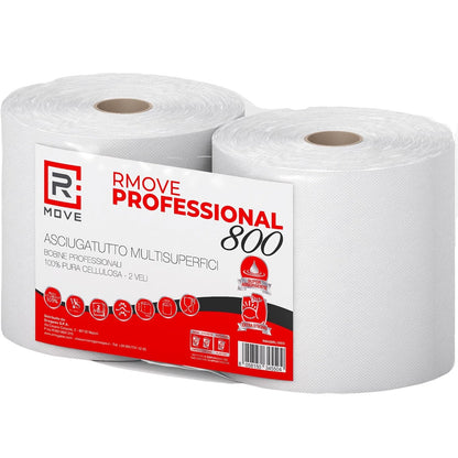 R Move 2 Rotoloni di Carta asciugatutto, Bobina industriale mani Professionale a 800 Strappi, Asiugamani Pura Cellulosa lunga durata extra resistente, assorbenti da cucina 1600 strappi totali
