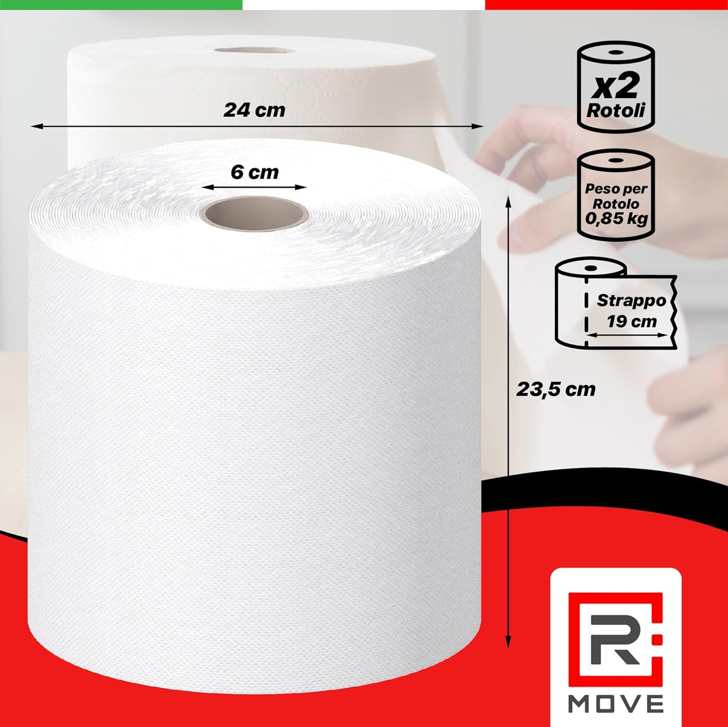 R Move 2 Rotoloni di Carta asciugatutto, Bobina industriale mani Professionale a 800 Strappi, Asiugamani Pura Cellulosa lunga durata extra resistente, assorbenti da cucina 1600 strappi totali