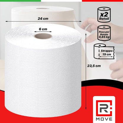 R Move 2 Rotoloni di Carta asciugatutto, Bobina industriale mani Professionale a 800 Strappi, Asiugamani Pura Cellulosa lunga durata extra resistente, assorbenti da cucina 1600 strappi totali