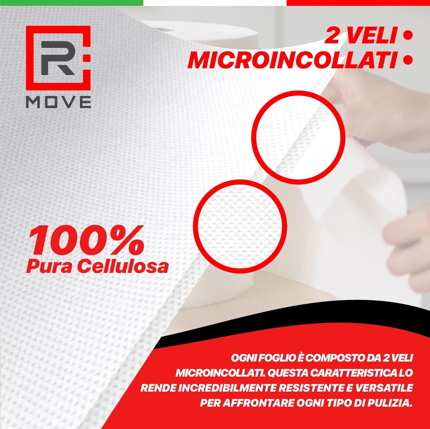 R Move 2 Rotoloni di Carta asciugatutto, Bobina industriale mani Professionale a 800 Strappi, Asiugamani Pura Cellulosa lunga durata extra resistente, assorbenti da cucina 1600 strappi totali