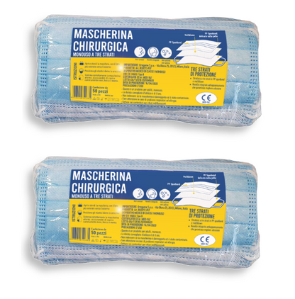 100 PZ MASCHERINE CHIRURGICHE MONOUSO FILTRANTI IN TNT AZZURRO 3 STRATI OSPEDALE