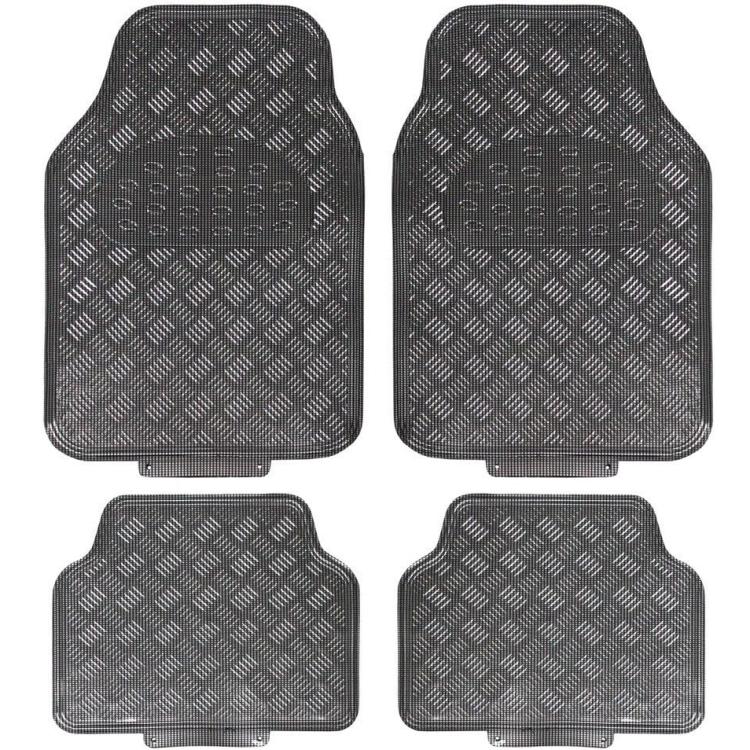 Set 4 Tappetini Tappeti Auto Universali Gomma Effetto Metallo Cromato (Carbonio)