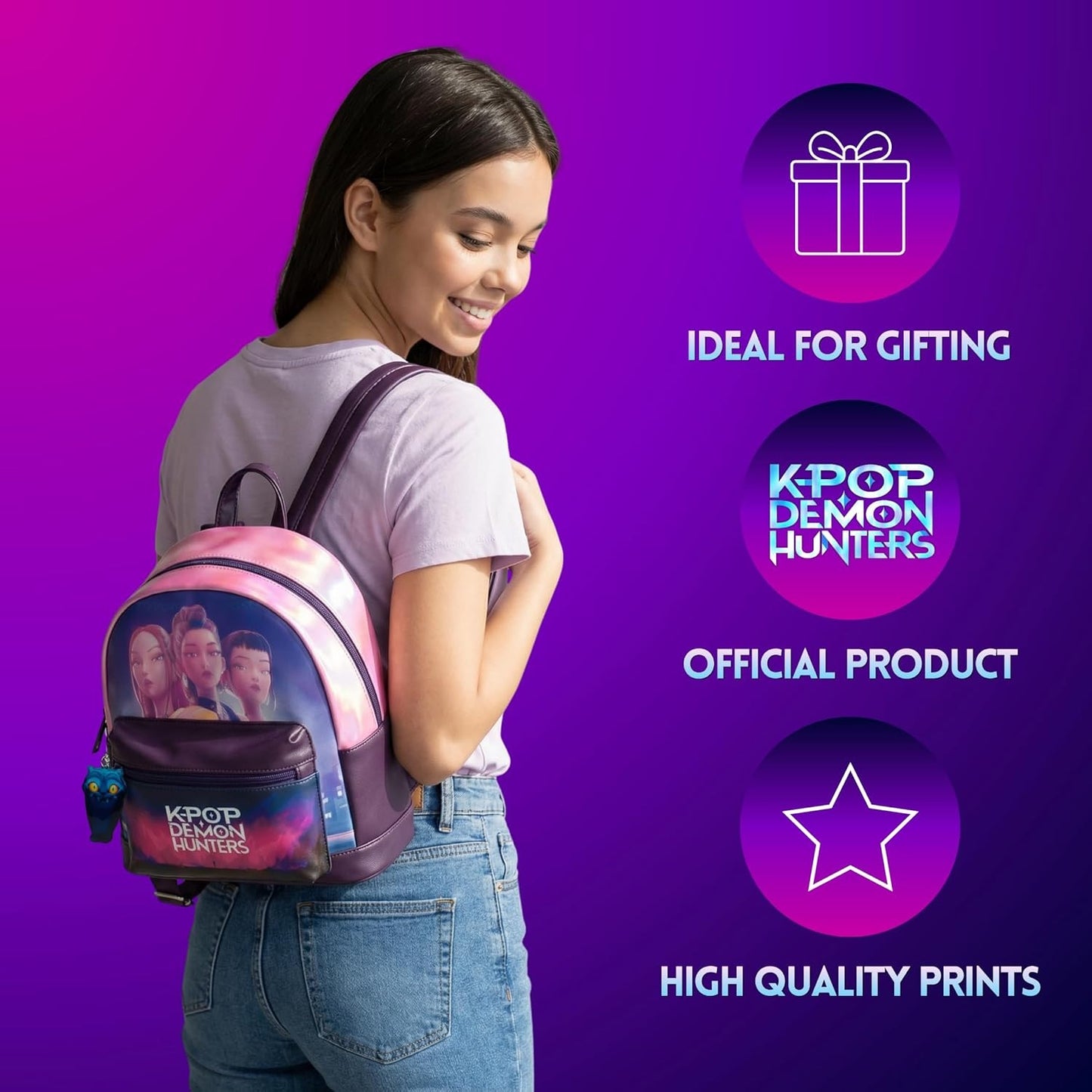 K-POP Demon Hunters (Huntrix) Zaino ufficiale Mini Backpack per scuola, università Zainetto da viaggio, con cinghie regolabili