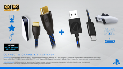 Kit Charge E Connect Stealth Ps5 Cavo Di Ricarica Controller + Cavo Hdmi 4K 2M