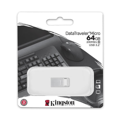 Kingston Pendrive 64GB DTMC3G2/64GB DataTravel Micro Gen.1 USB-A 3.2 Chiavetta Metallo Type-A Memoria Drive Flash PC 200MB/s(R) Silver Metal