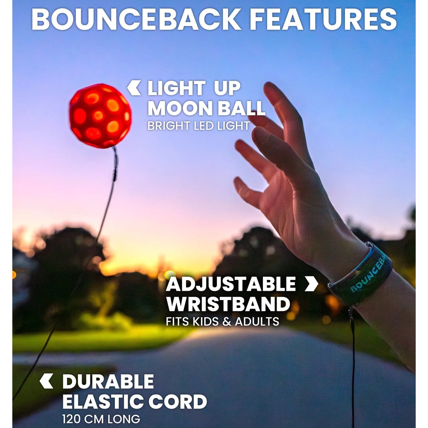 Waboba Pallina Original LED Bounceback Ball (MOONSHINE) Palla con Luce LED al guinzaglio, Super Rimbalzo, per Interni ed Esterni IPER RIMBALZANTE, Giocattolo per saltare ad alte prestazioni per un'estate di divertimento senza fine (BLU)