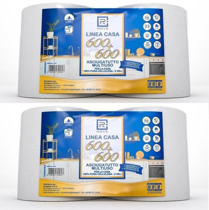 4 ROTOLONI CARTA BOBINA DOPPIA LINEA CASA RMOVE 600+600 2 VELI PURA CELLULOSA