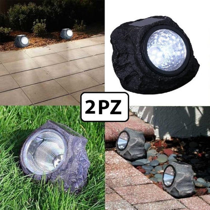 2X LAMPADA LUCE FARO SOLARE DA GIARDINO ESTERNO FORMA DI ROCCIA 4 LED SEGNAPASSI