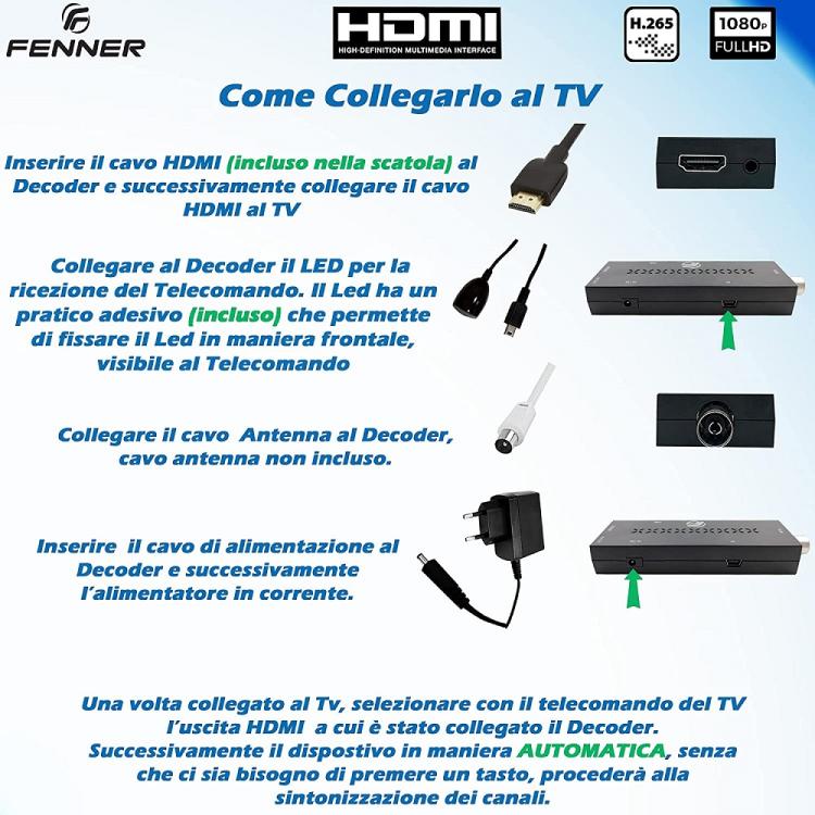 Fenner Fn-Gx3 Decoder Dongle Tv Stick Hd Mini Box Digitale Terrestre Dvb-T2/Hevc